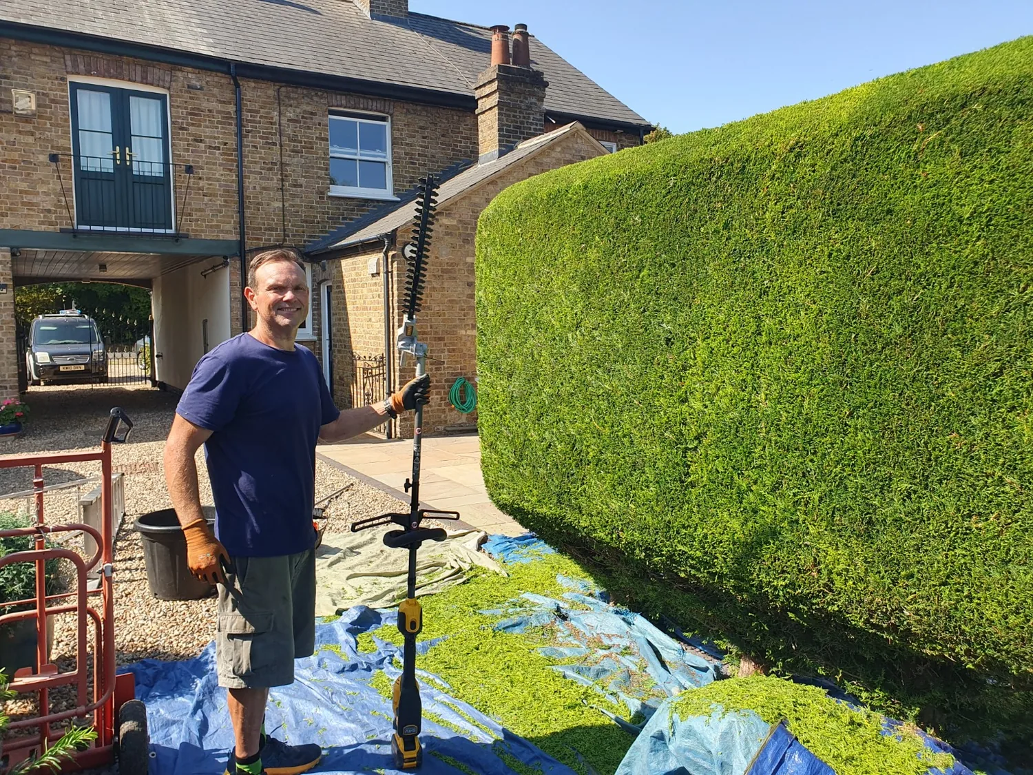 Gardening work on a large shaped hedge